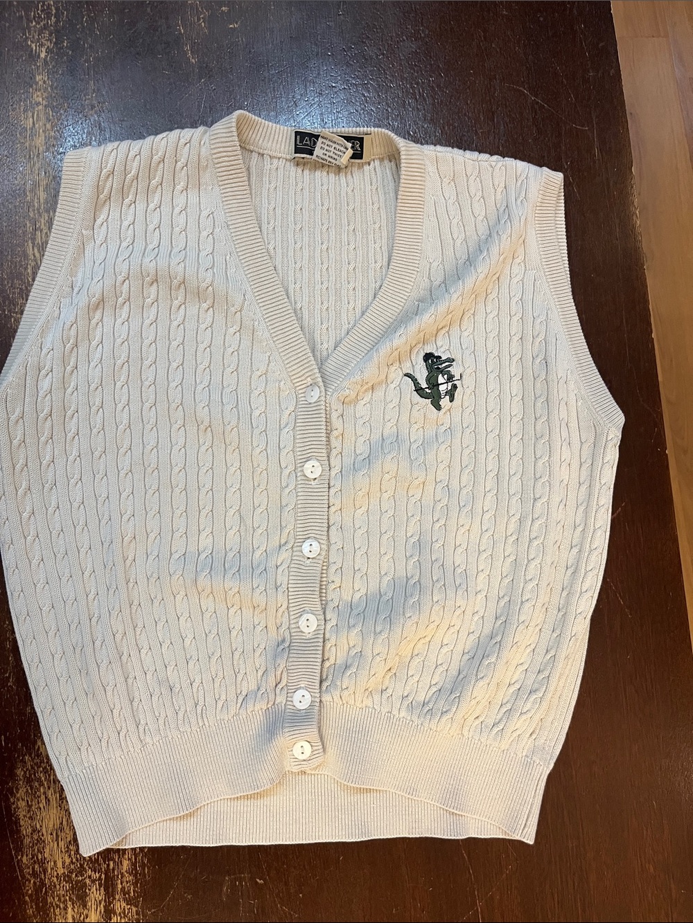 Vintage Silk Lady Player Knit Button Front Sweater Vest with Crocodile Logo